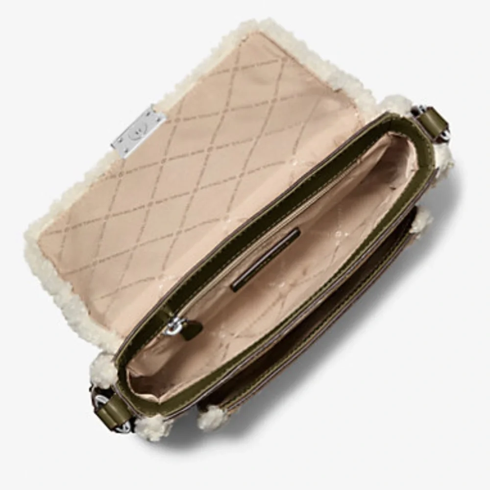 MICHAEL KORS Bradshaw Medium Suede and Faux Shearling Messenger Bag Olive  NWT